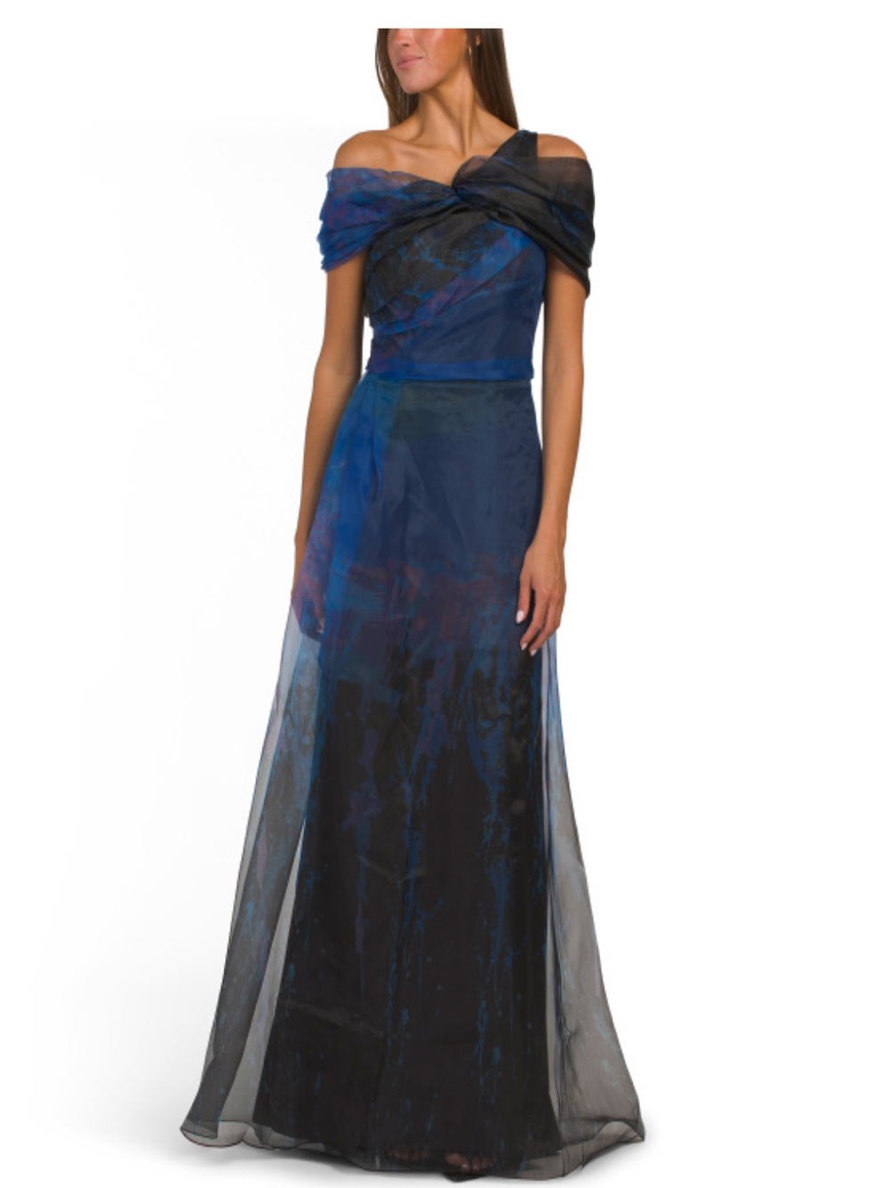 Rene Ruiz Blue and Black Off-Shoulder Evening Gown